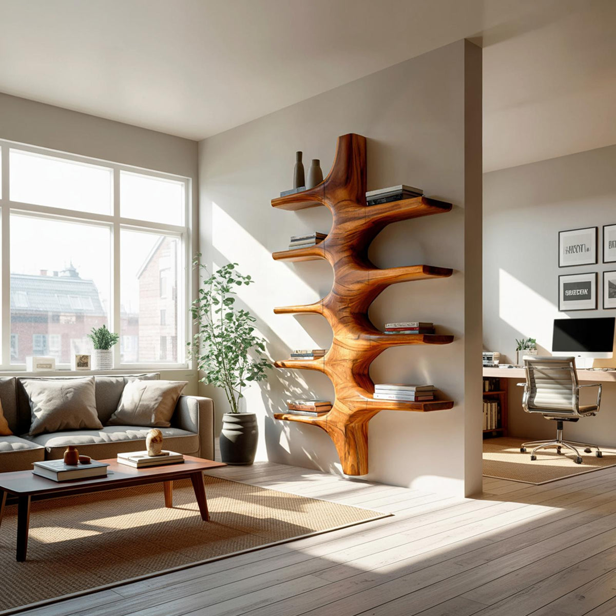 Sculptural Wood Wall Mounted Bookshelf, Handcrafted Floating Bookshelf for Modern Living Room & Bedroom Decor