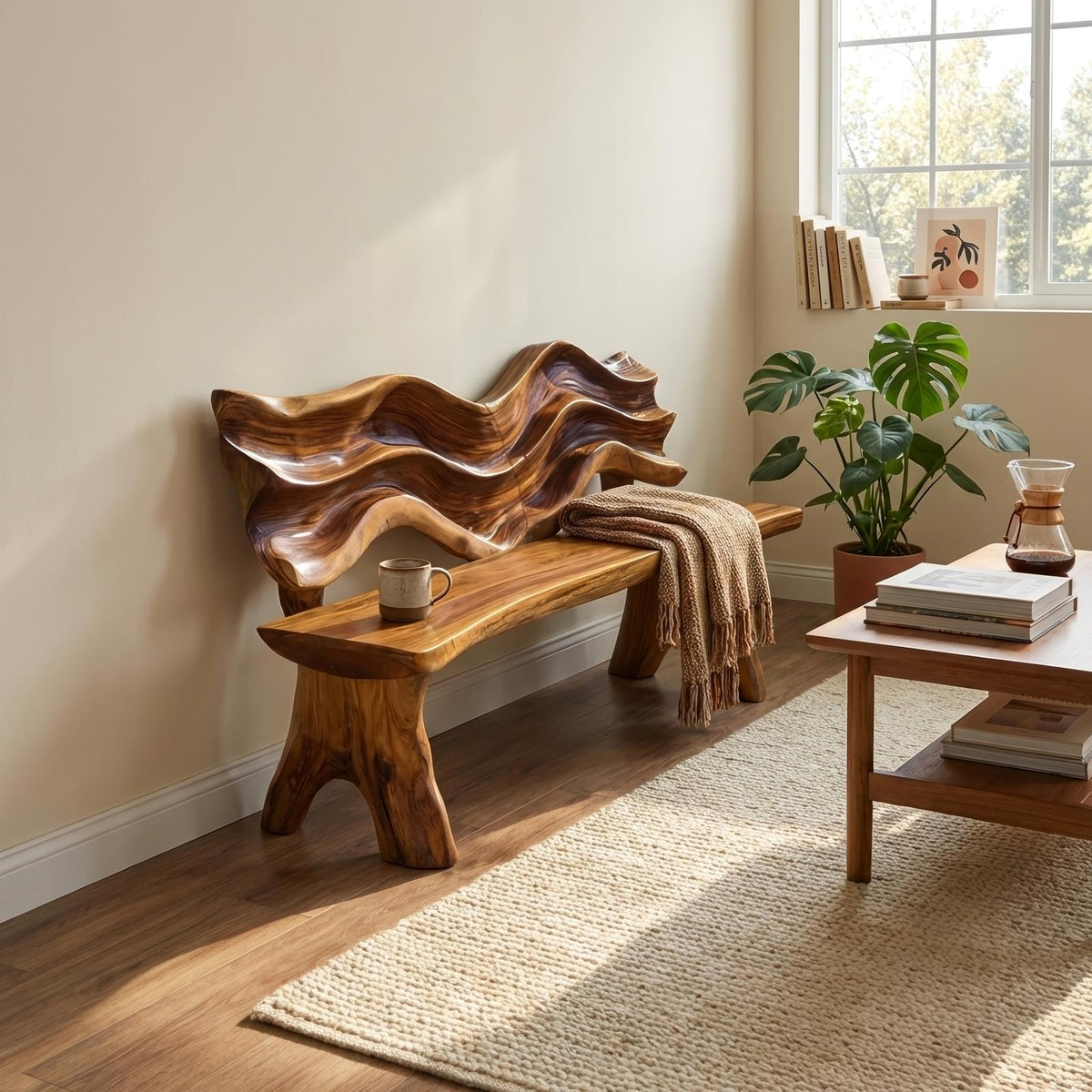 Spry Interior Handcrafted Rustic Live Edge Wooden Bench, Natural Solid Wood Entryway Accent Seating & Foyer Bench, SILDTTRBEN033