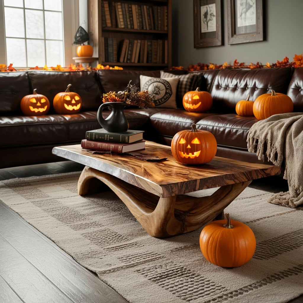 Modern Solid Wood Coffee Table, Spooky Haunted Style Live Edge Wooden Table Top for Halloween Living Room Decor