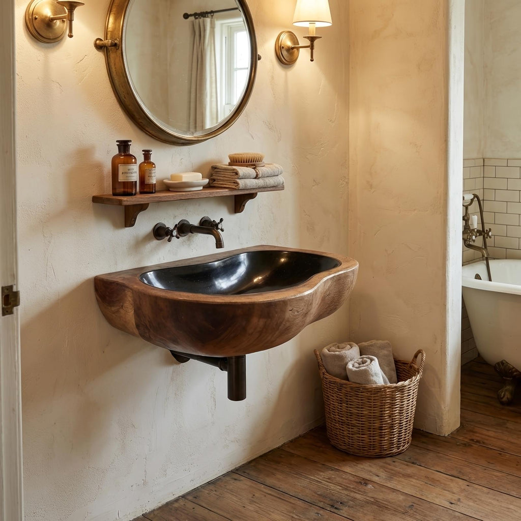 Farmhouse Solid Wood Vessel Sink, Rustic Handcrafted Wooden Bathroom Wash Basin for Vanity Decor