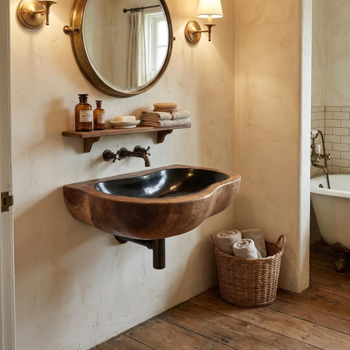 Farmhouse Solid Wood Vessel Sink, Rustic Handcrafted Wooden Bathroom Wash Basin for Vanity Decor