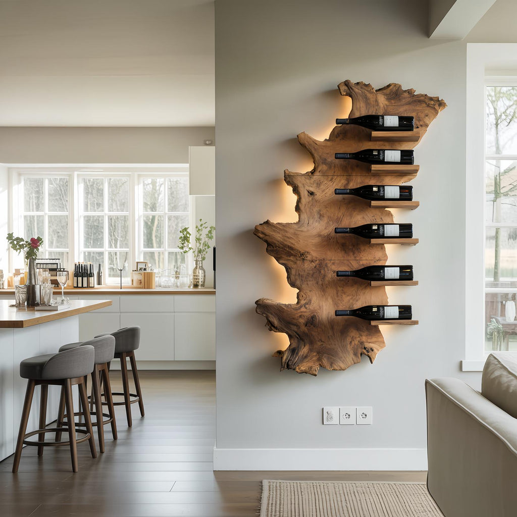 Handcrafted Live Edge Wooden Wine Holder, Rustic Solid Wood Bottle Storage Shelf for Bar Display