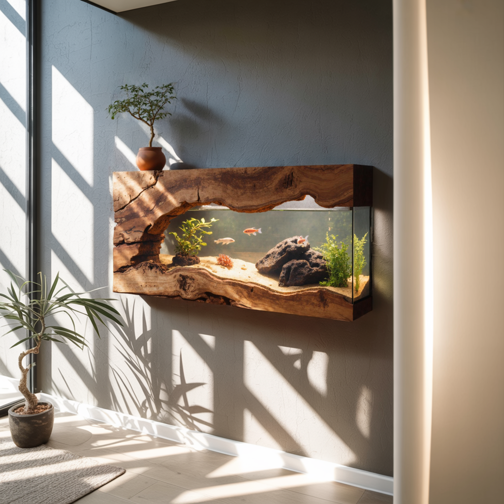 Wall Mounted Wooden Aquarium Frame, Handcrafted Floating Fish Tank Decor for Office & Living Room Wall Art