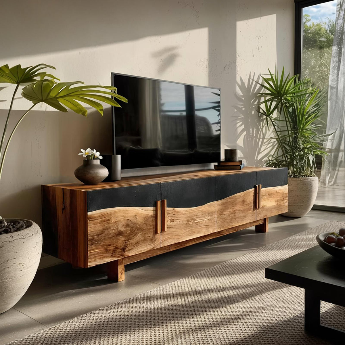 Spry Interior Mid Century Natural Wood Entertainment Unit, Handcrafted TV Stand Media Console for Foyer & Living Room Decor, SILDTTNTVC114