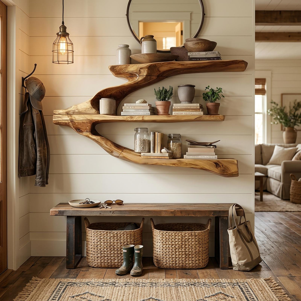 Minimalist Wooden Floating Shelf, Wall Mounted Entryway Display Shelf & Hallway Organizer