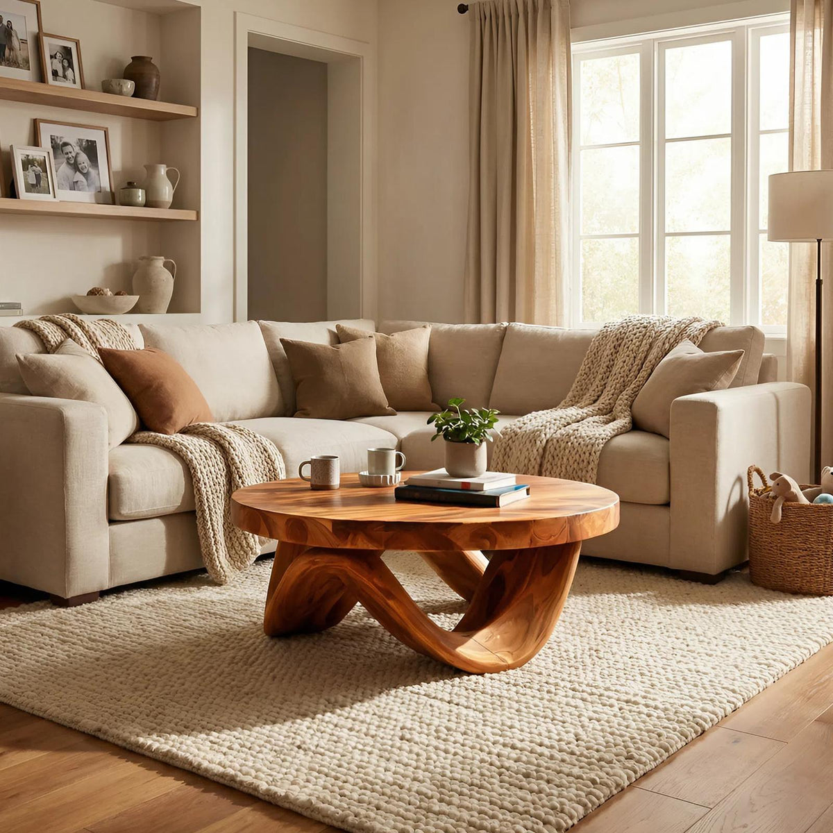 Spry Interior Modern Sculptural Wooden Coffee Table with Curved Wave Base, Unique Organic Center Table, Model RTTHTTCF041