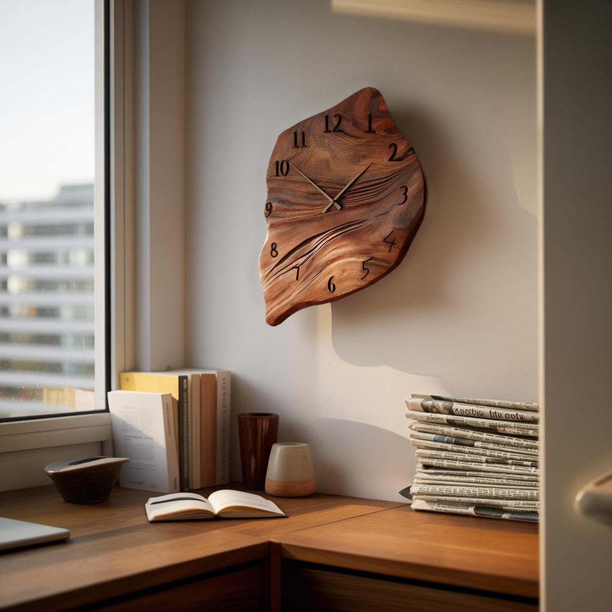 Minimalist Wall Clock, Handcrafted Organic Shape Solid Wood Decorative Timepiece for Living Room