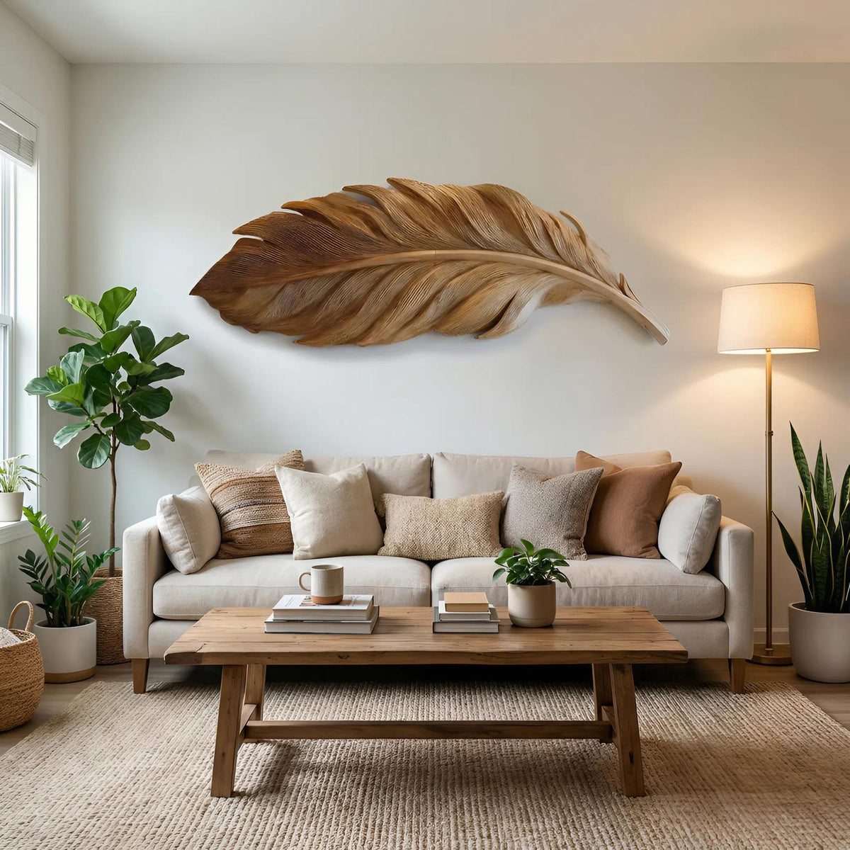Modern Feather Wall Art, 3D Hand-Carved Wooden Feather Sculpture Panel for Living Room & Bedroom Wall Decor
