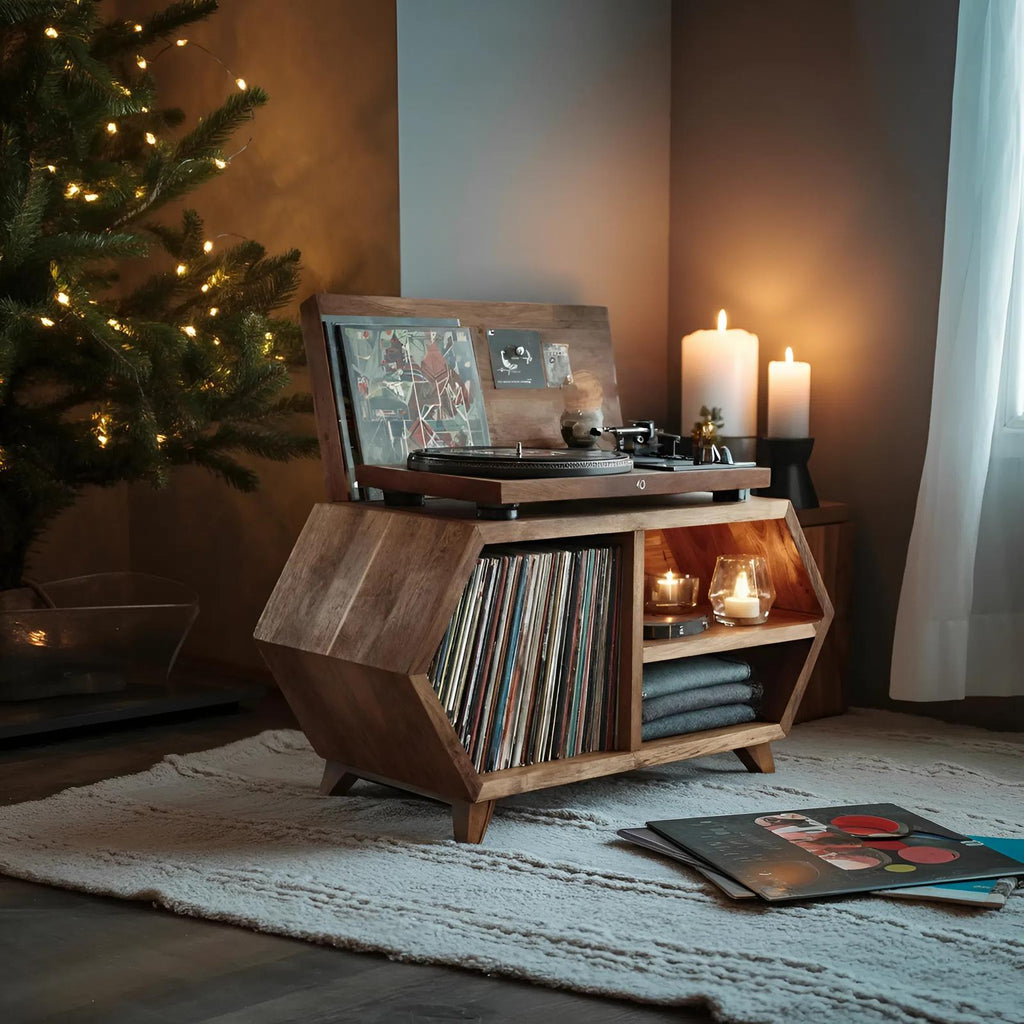 Handcrafted Wooden Record Stand, Rustic LP Vinyl Storage Shelf Organizer Cabinet for Bedroom Holiday Home Decor