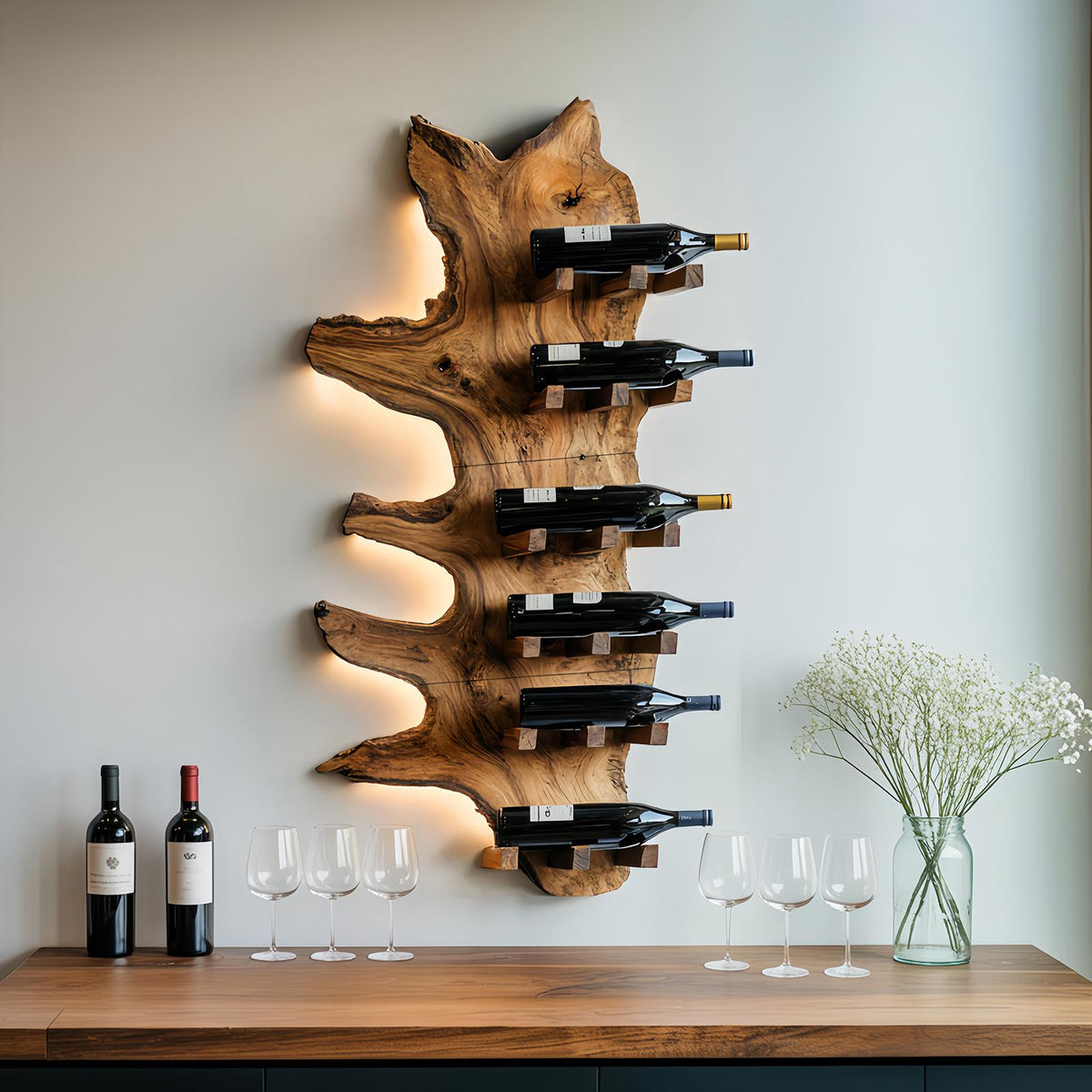 Modern Live Edge Wooden Wine Rack, Handcrafted Solid Wood Bottle Storage Holder Display Shelf