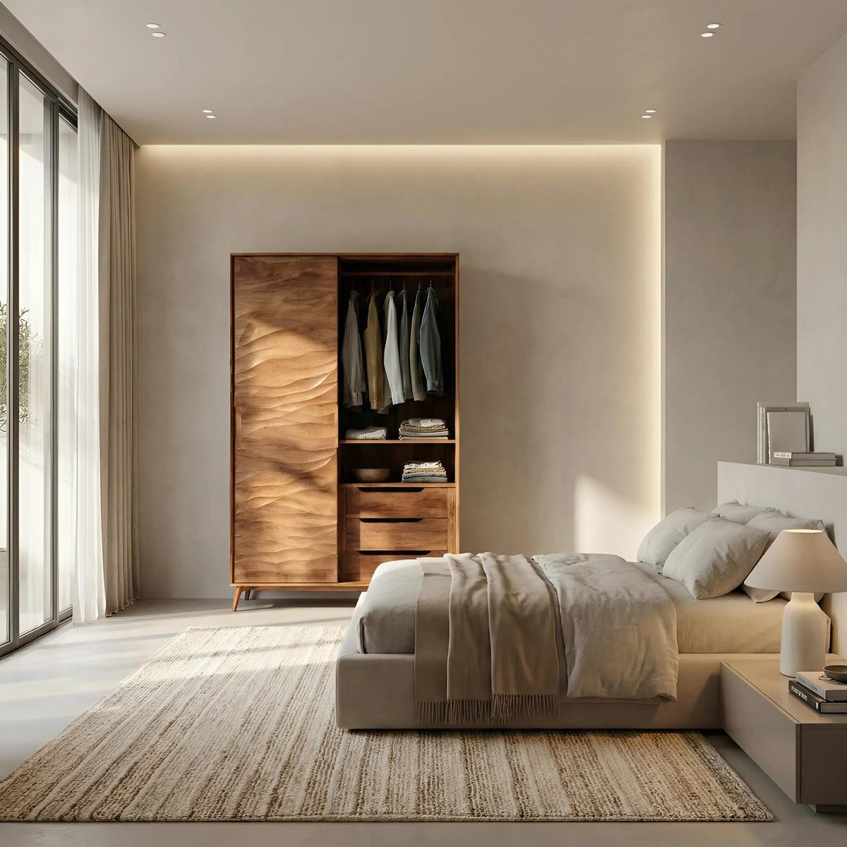 Spry Interior Organic Sculptural Wardrobe with Wave Door, Handcrafted Solid Wood Clothes Storage Armoire Cabinet, RTTHHNWRE001