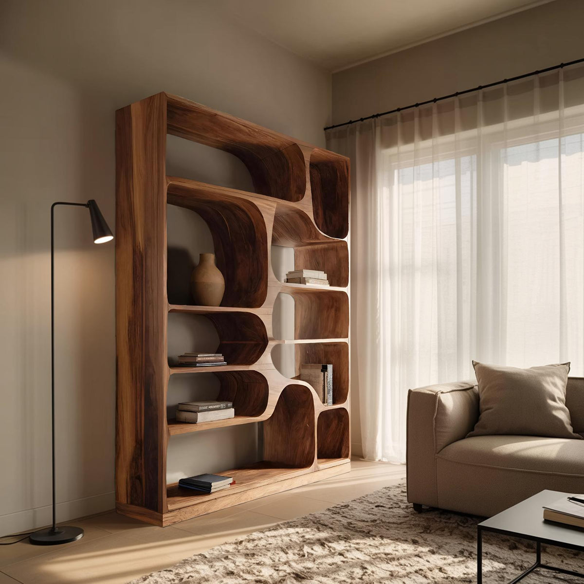 Artistic Wood Bookcase, Handcrafted Sculptural Bookshelf with Open Shelving for Living Room, Bedroom & Office