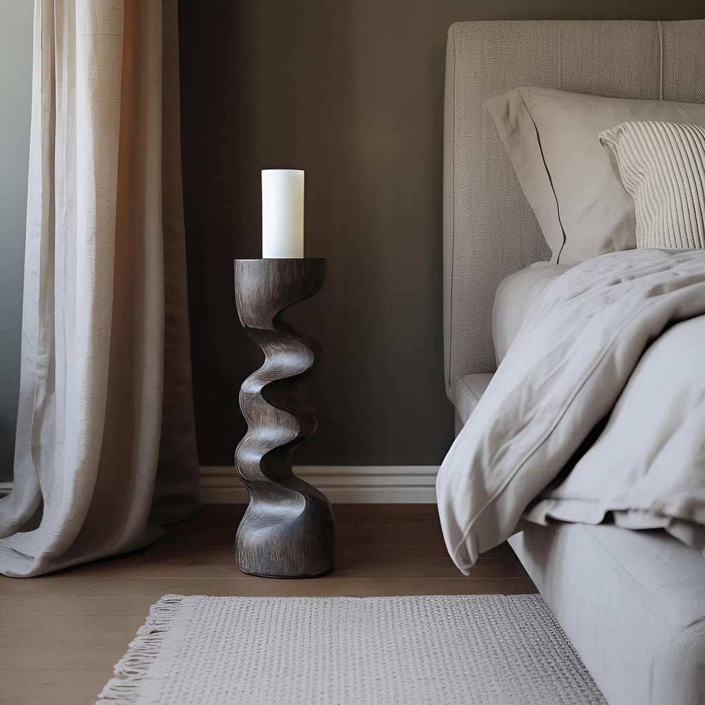 Rustic Wooden Candlestick Holder, Handcrafted Solid Wood Pillar Candle Stand for Bedroom Cozy Ambience Decor