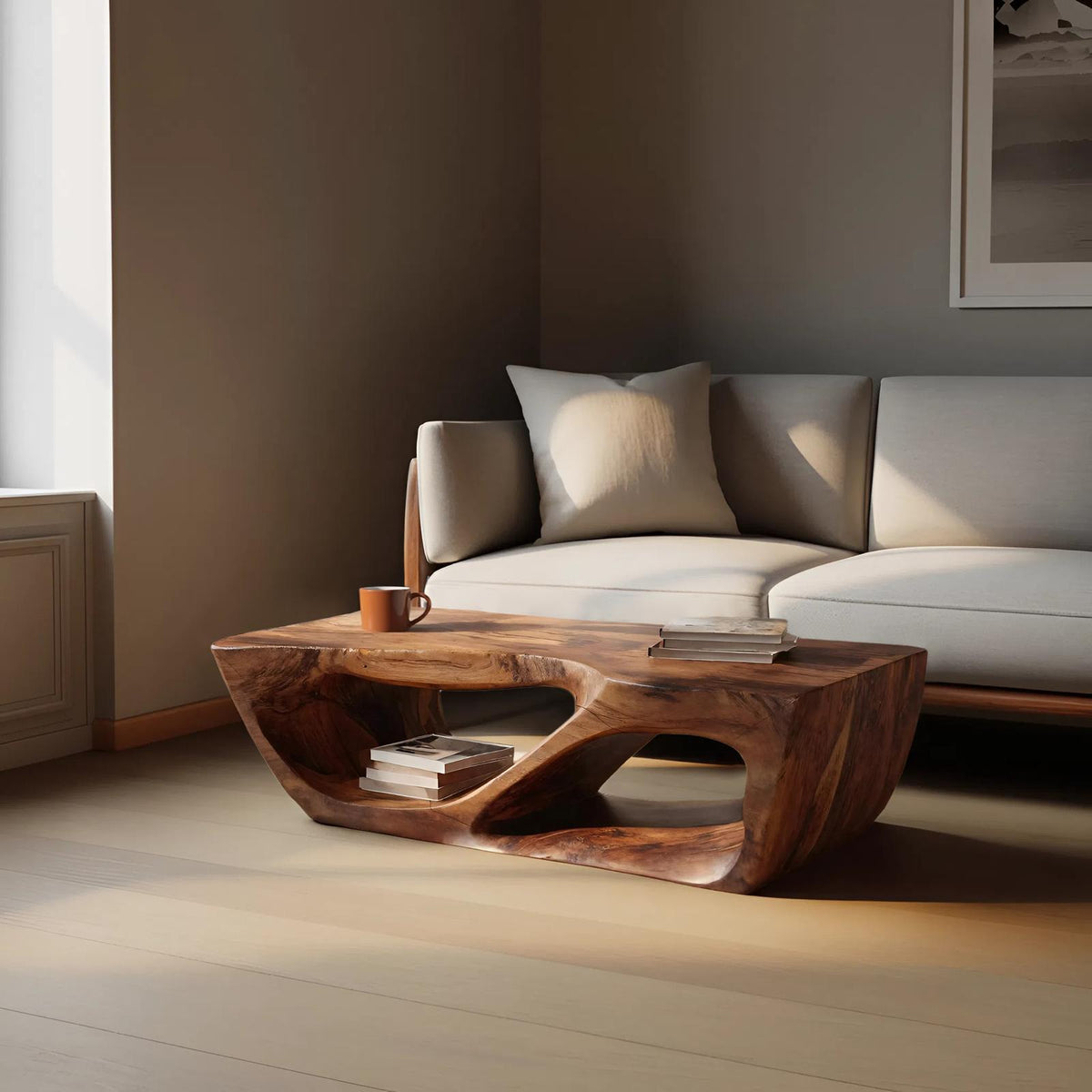 Modern Wooden Coffee Table with Curved Storage Shelf, Low Profile Minimalist Center Table for Living Room, Model