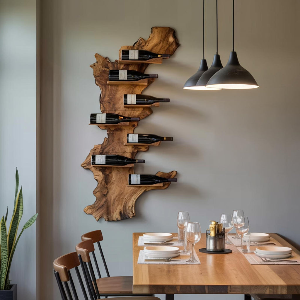 Modern Live Edge Wooden Wine Holder, Handcrafted Solid Wood Bottle Rack for Living Room Decor