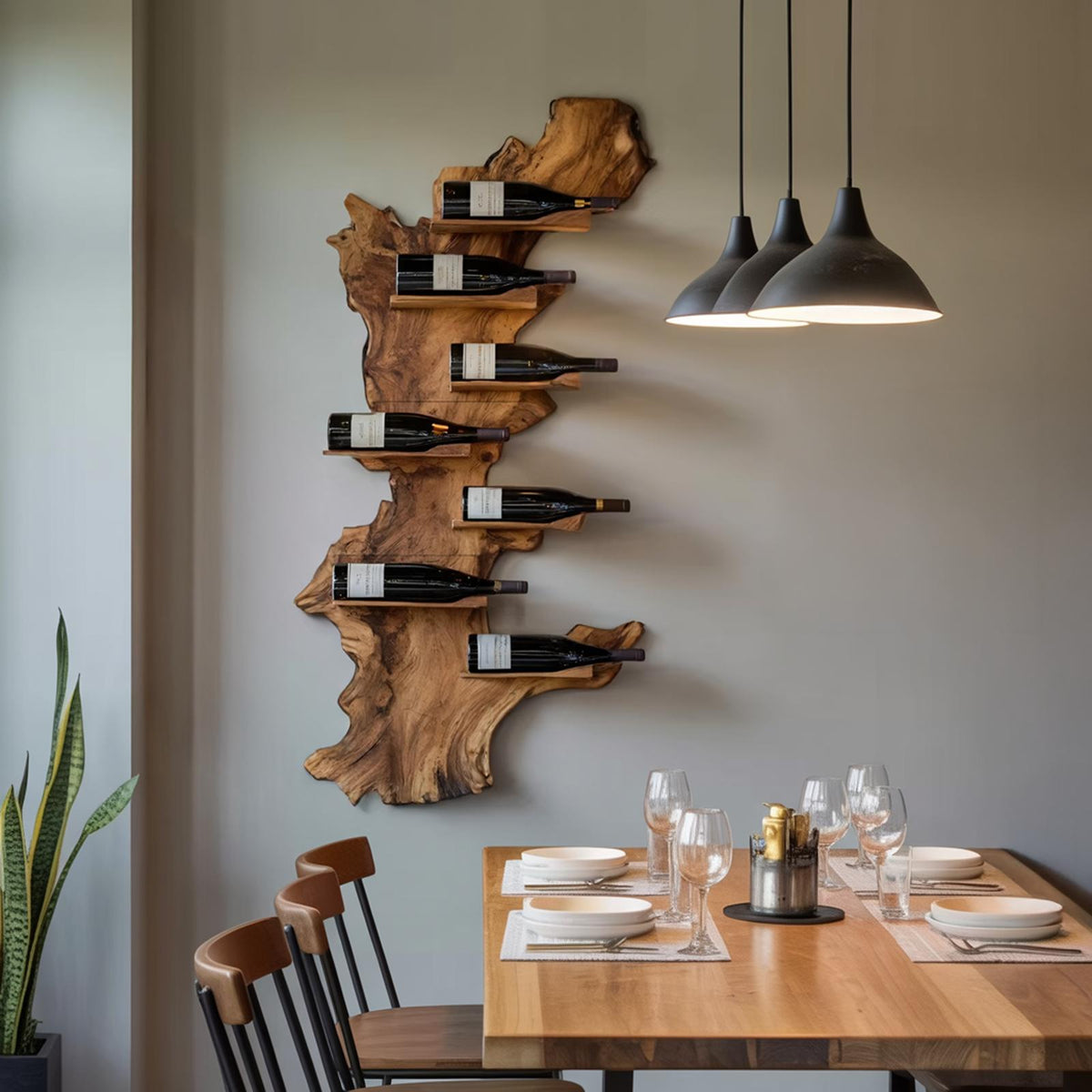 Modern Live Edge Wooden Wine Holder, Handcrafted Solid Wood Bottle Rack for Living Room Decor