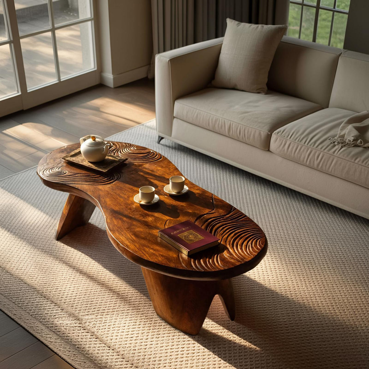 Spry Interior Farmhouse Abstract Coffee Table, Irregular Live Edge Solid Wood Center Table & Rustic Sofa Accent Console, SILDTTRCF081