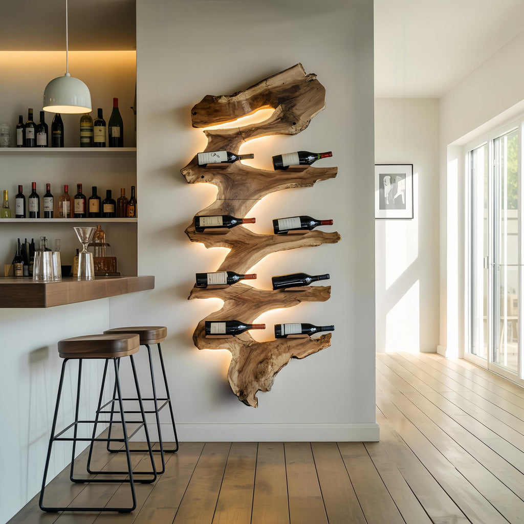 Modern Solid Wood Wine Rack, Handcrafted Wooden Wine Bottle Holder Shelf for Living Room