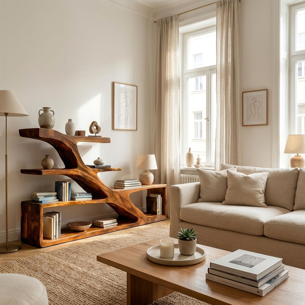 Modern Sculptural Curved Bookcase, Handcrafted Wood Bookshelf with Arched Shelves for Living Room & Home Library