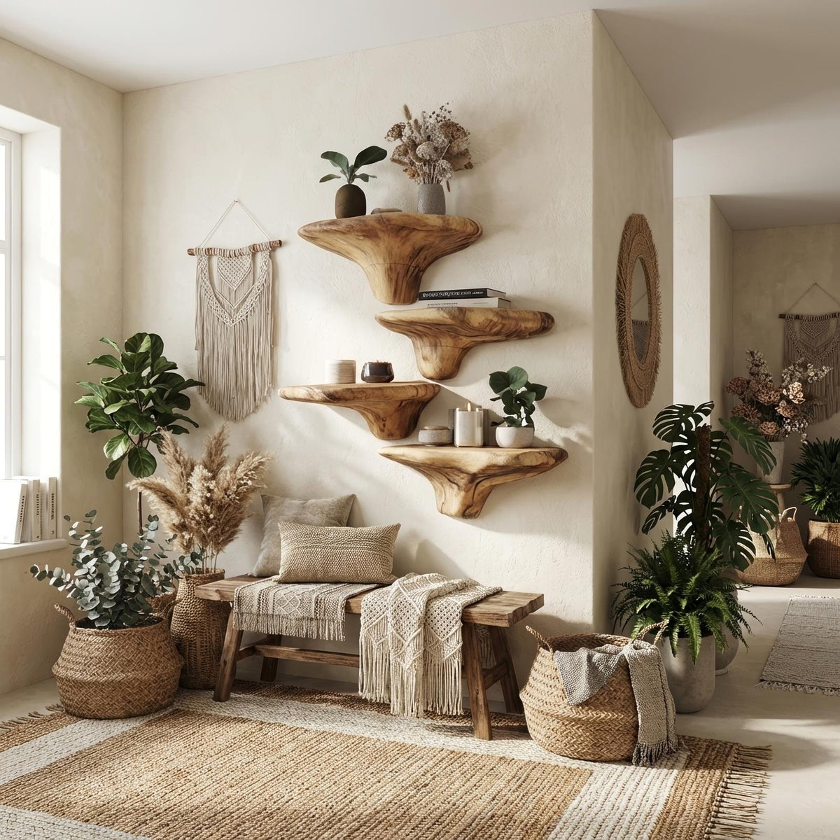 Farmhouse Solid Wood Mushroom Shelf For Entryway Wall Design