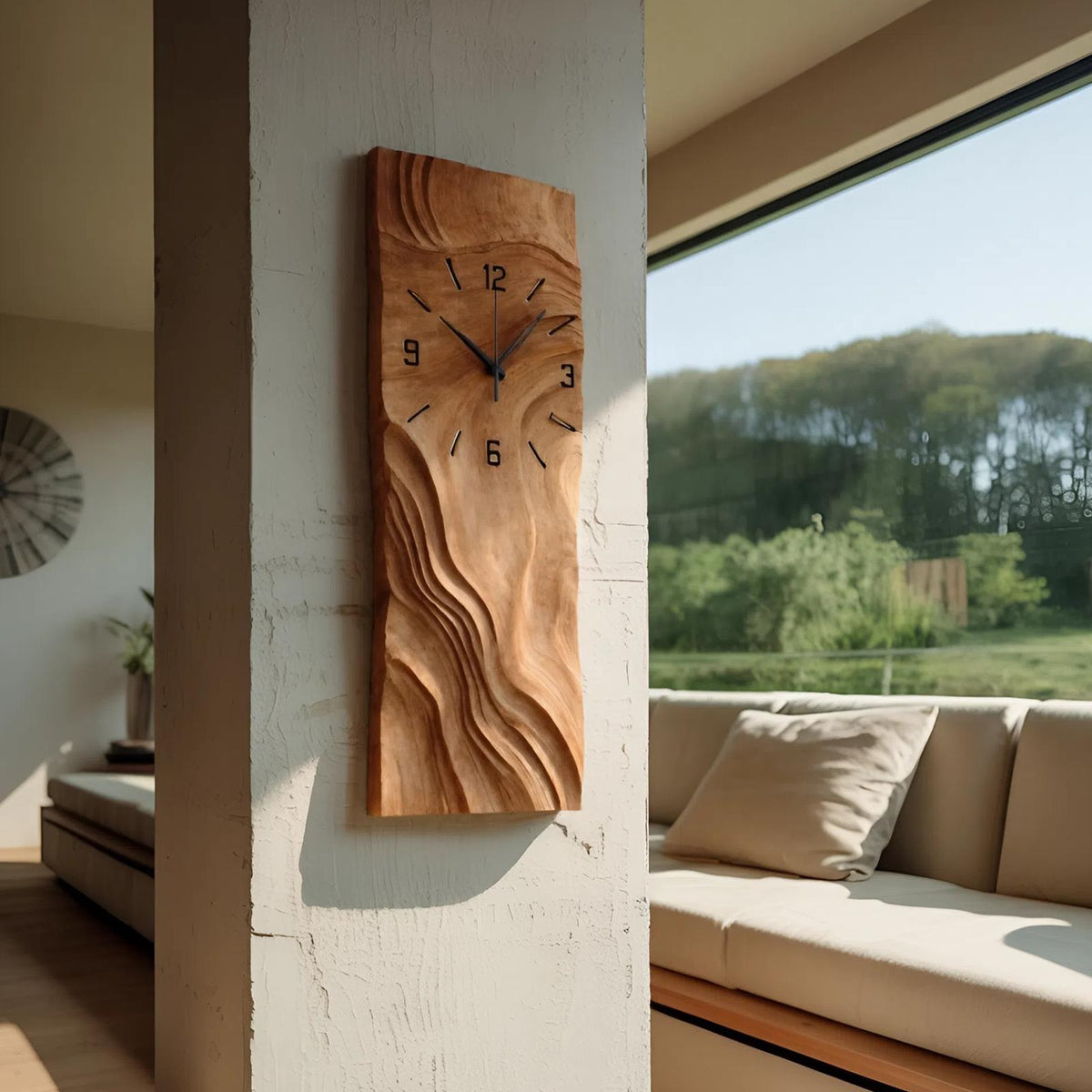 Organic Vertical Sculptural Wall Clock, Handcrafted Modern Wood Hanging Timepiece for Living Room