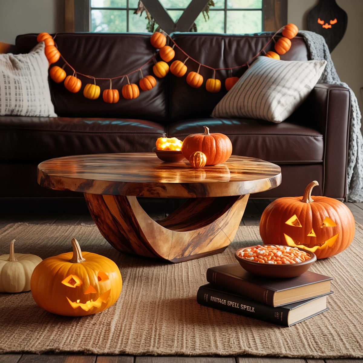 Modern Solid Wood Coffee Table, Ghostly Halloween Style Sculptural Live Edge Accent Table for Living Room