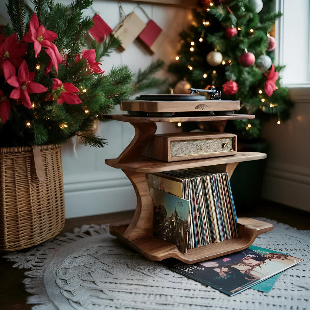 Mid Century Wooden Record Player Stand, Handcrafted LP Album Vinyl Storage Shelf for Christmas Home Decor
