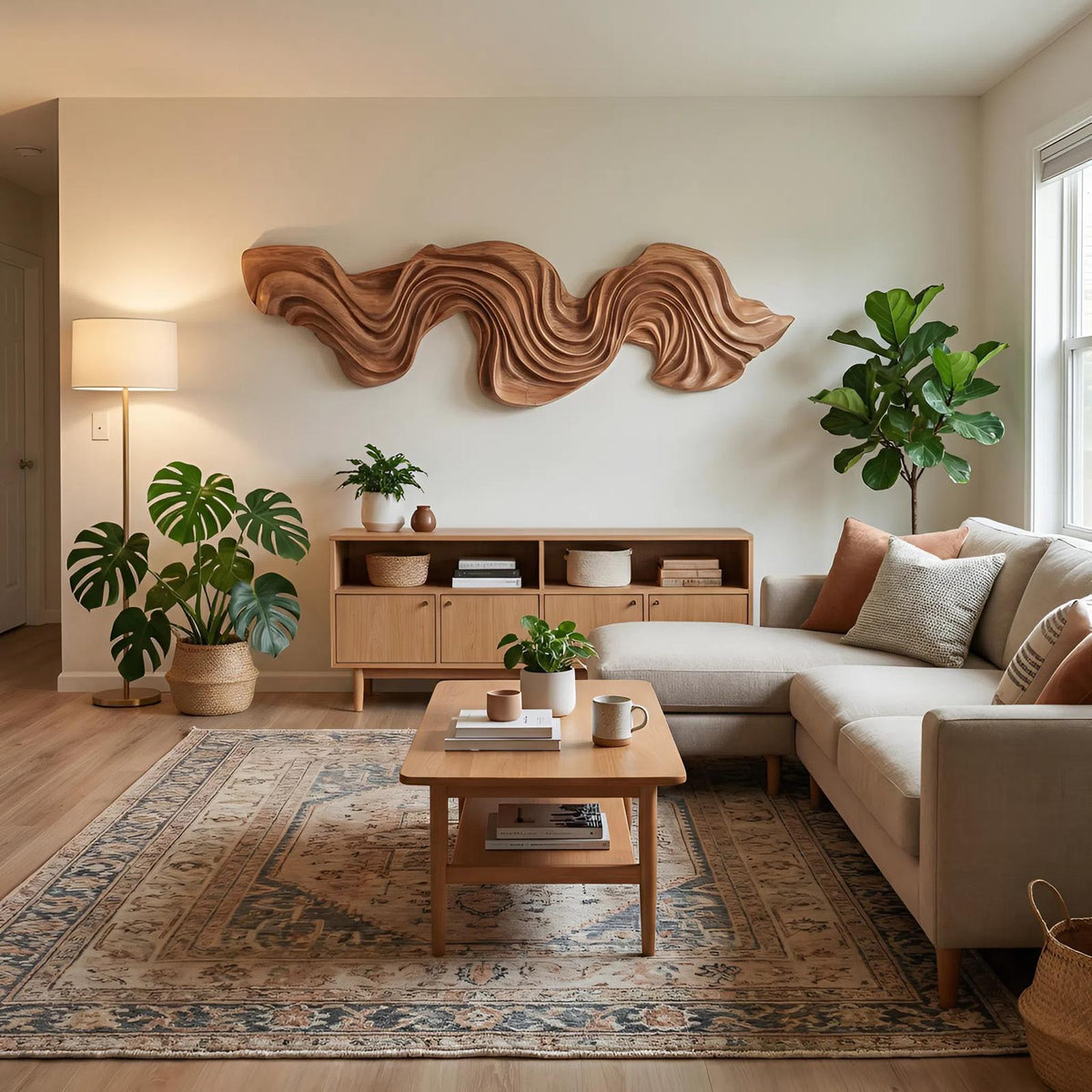 Artisan Vertical Wave Wall Sculpture, Abstract 3D Carved Wood Wall Art Panel for Living Room & Hallway
