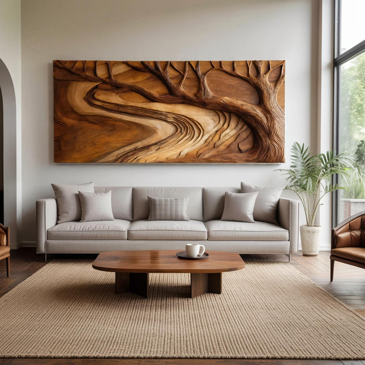 Modern Sculptural Wood Wall Art, Nature Inspired Tree Branch Carved Panel for Living Room & Office Decor