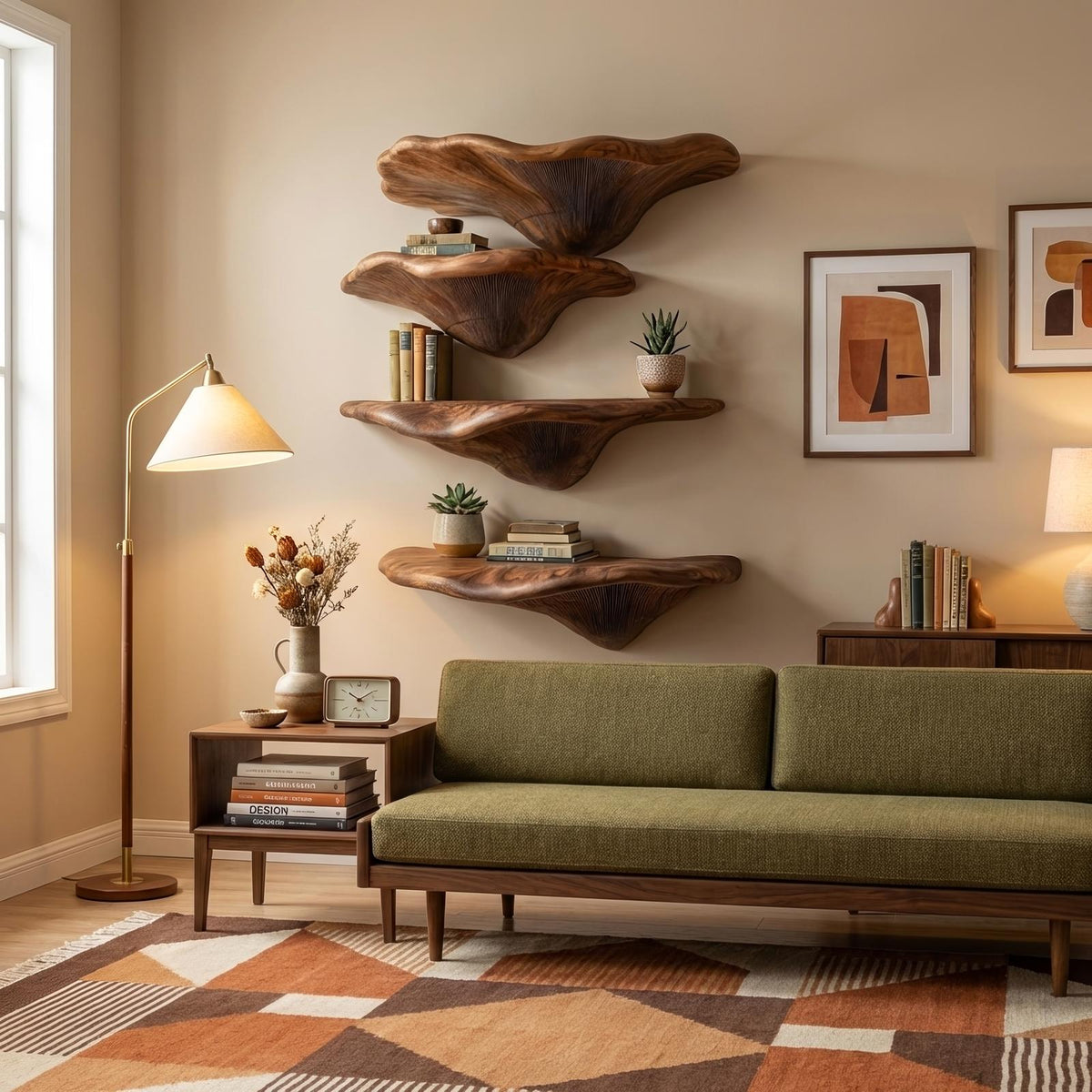 Mid Century Solid Wood Mushroom Shelf For Living Room Wall Decor