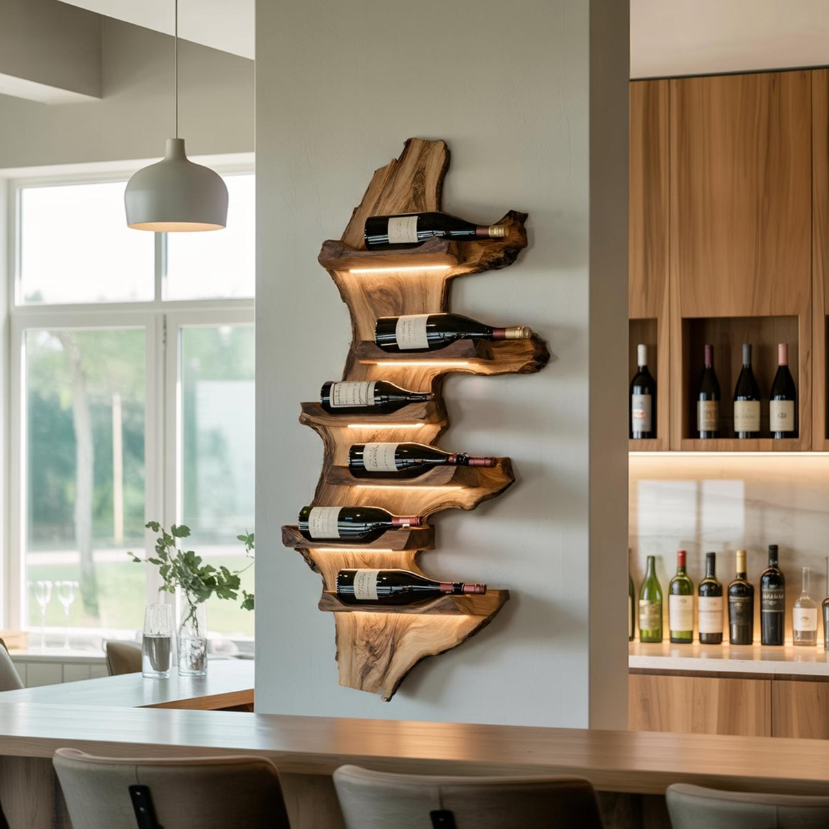 Farmhouse Live Edge Wooden Wine Holder, Rustic Solid Wood Bottle Storage Stand for Entryway Decor