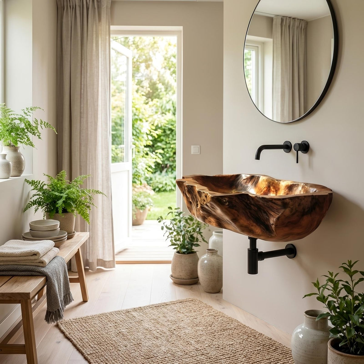 Farmhouse Solid Wood Vessel Sink, Rustic Natural Wooden Wash Basin for Bathroom & Vanity Faucet Decor