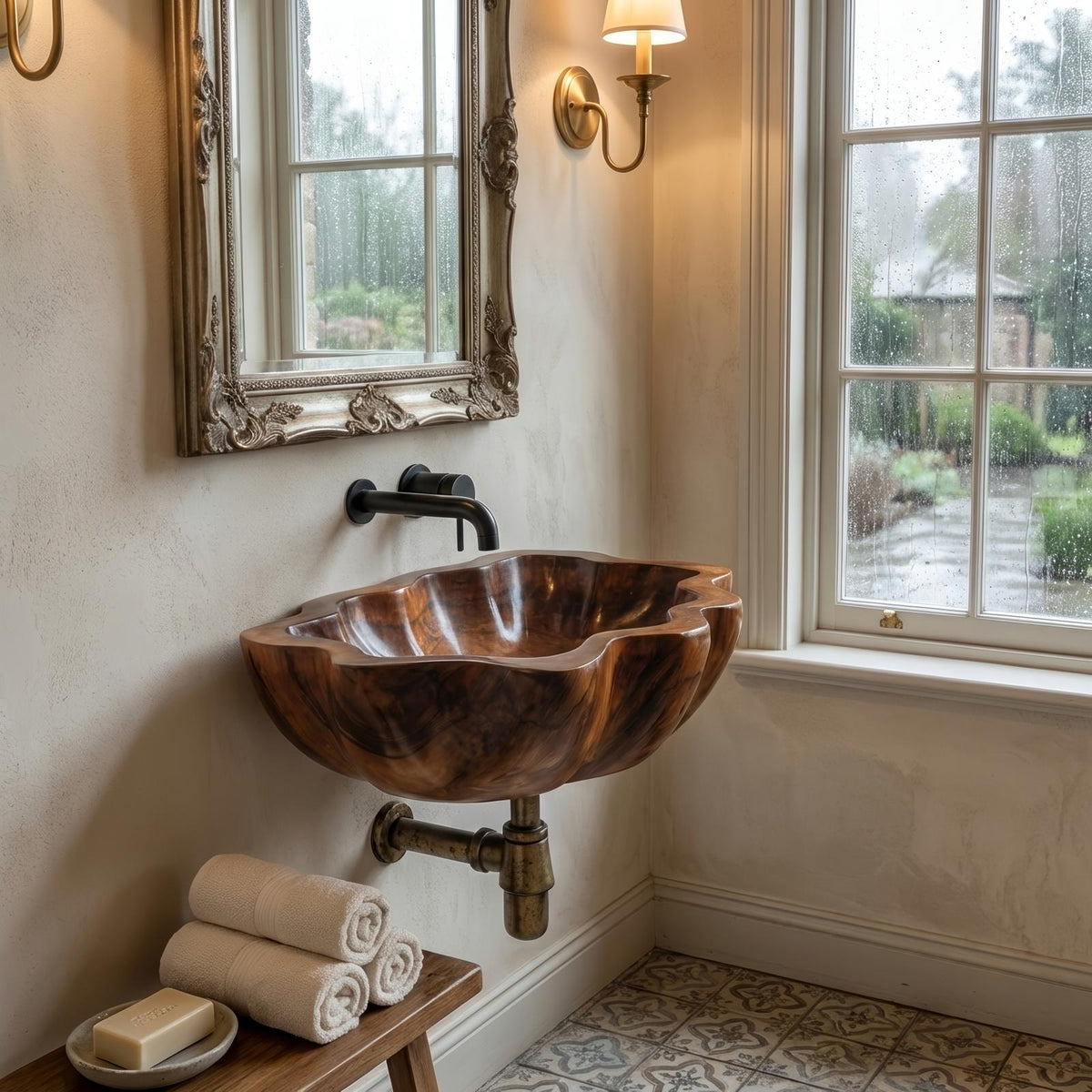 Handcrafted Solid Wood Vessel Sink, Artistic Wooden Bathroom Wash Basin for Vanity Countertops