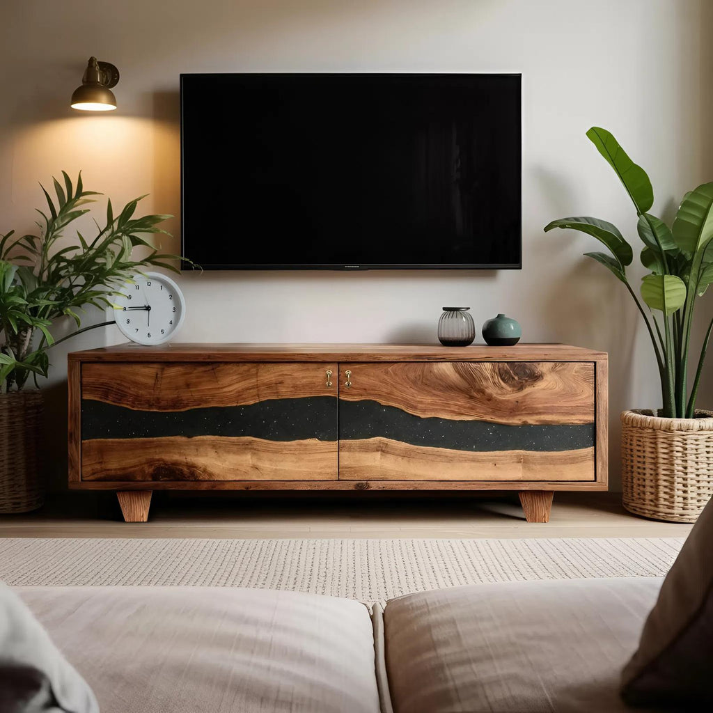 Spry Interior Handcrafted Live Edge TV Cabinet, Rustic Solid Wood Media Console & Entertainment Center Stand, SILDTTNTVC092