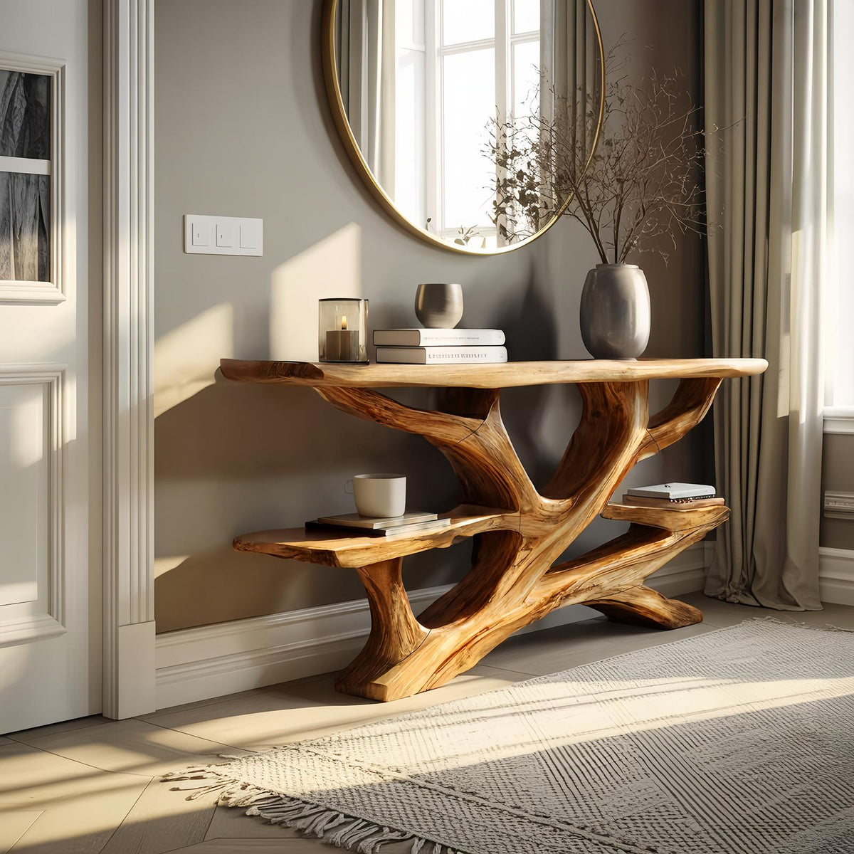 Handcrafted Wooden Live Edge Console Table, Solid Wood Entryway Accent Table with Metal Legs for Luxury Living Room Hallway, SILDTTNCS047