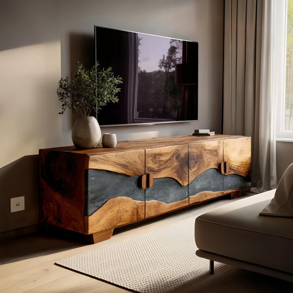 Mid Century Solid Wood TV Console, Retro Wooden Media Center & Entertainment Stand for Living Room