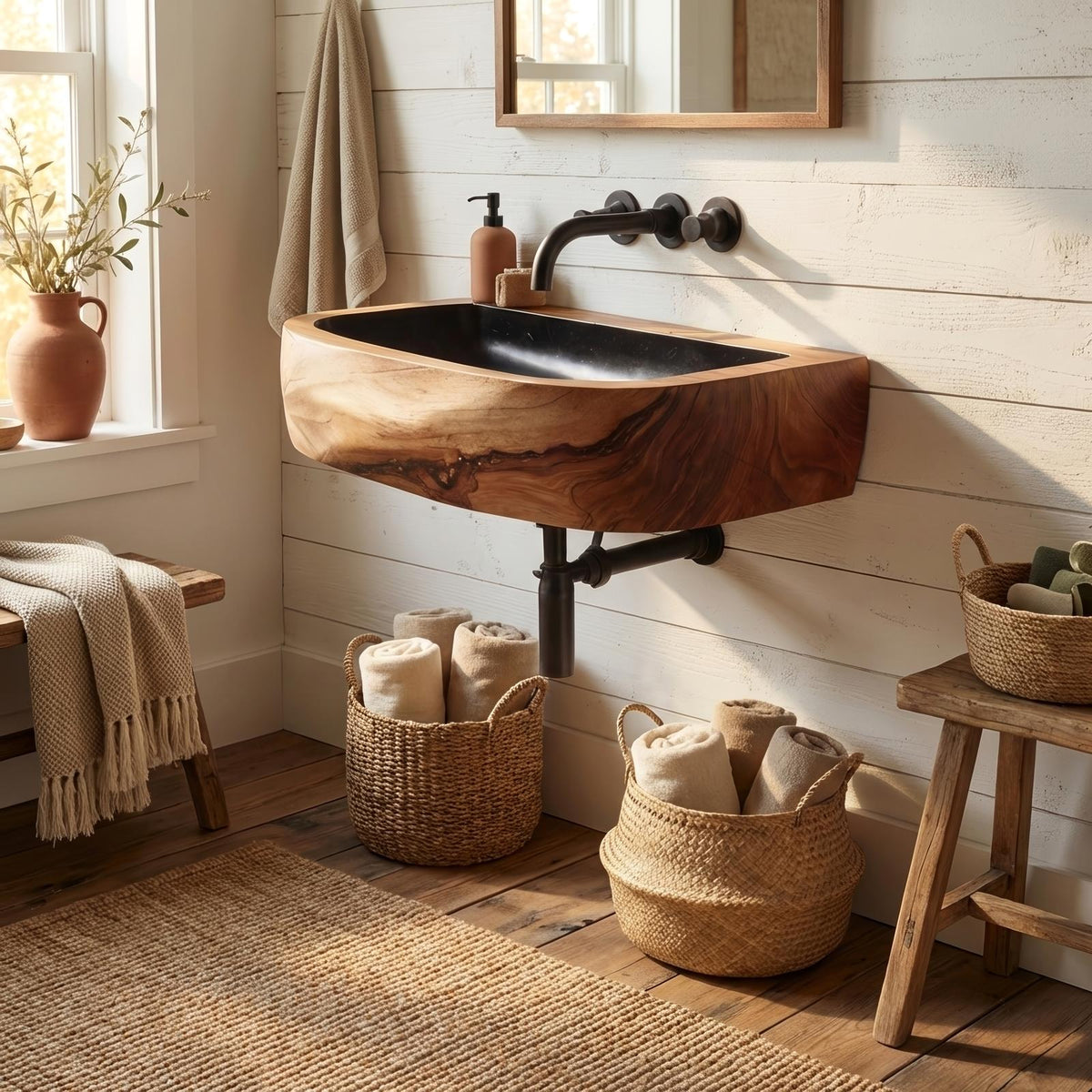 Teezano Mid Century Wall Mounted Wooden Bathroom Vanity Sink, Floating Solid Wood Console Shelf, SILDTTNVS029