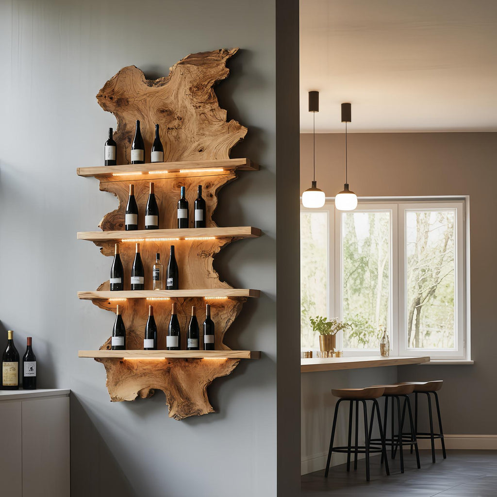 Mid Century Live Edge Wooden Wine Holder, Handcrafted Solid Wood Bottle Display Stand for Bar