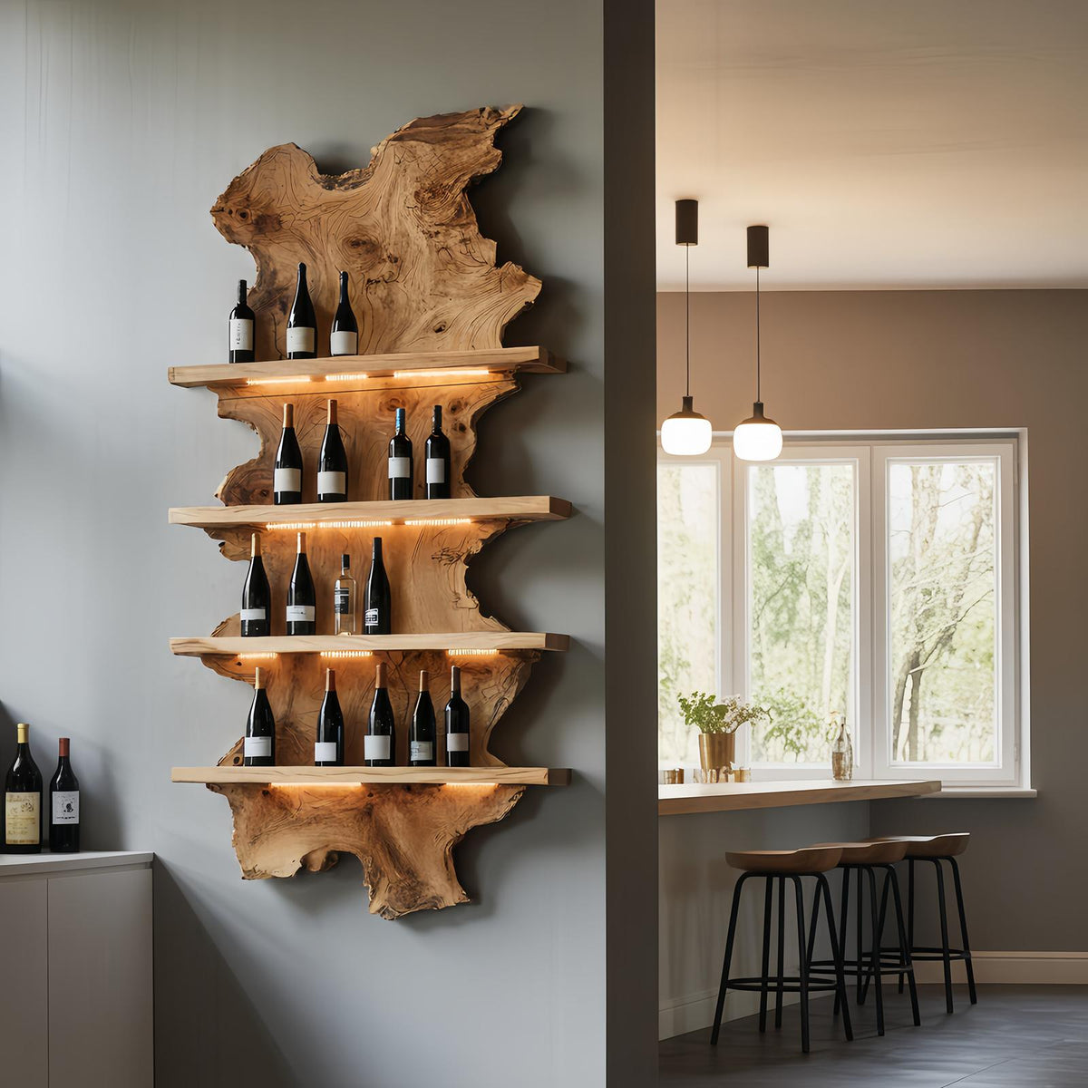 Mid Century Live Edge Wooden Wine Holder, Handcrafted Solid Wood Bottle Display Stand for Bar