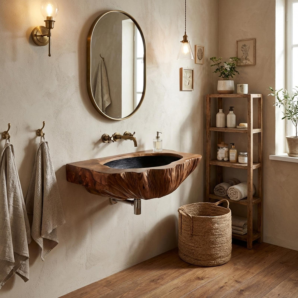 Mid Century Wall Mounted Wooden Bathroom Sink Vanity, Handcrafted Rustic Solid Wood Floating Wash Basin