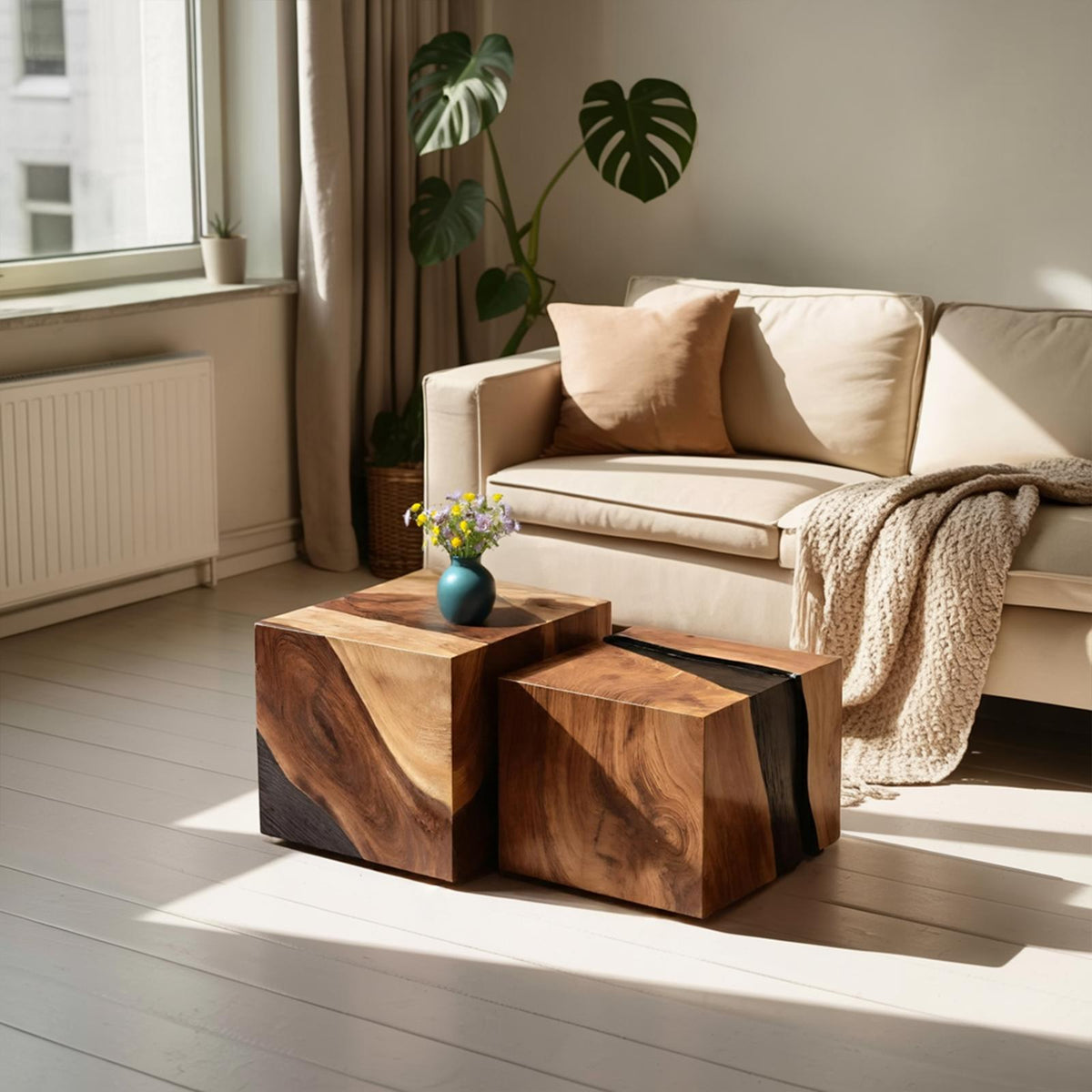 Spry Interior Modern Wooden Cube Coffee Table, Handcrafted Block End Side Table & Bedside Nightstand for Minimalist Home, SILDTTNCF031