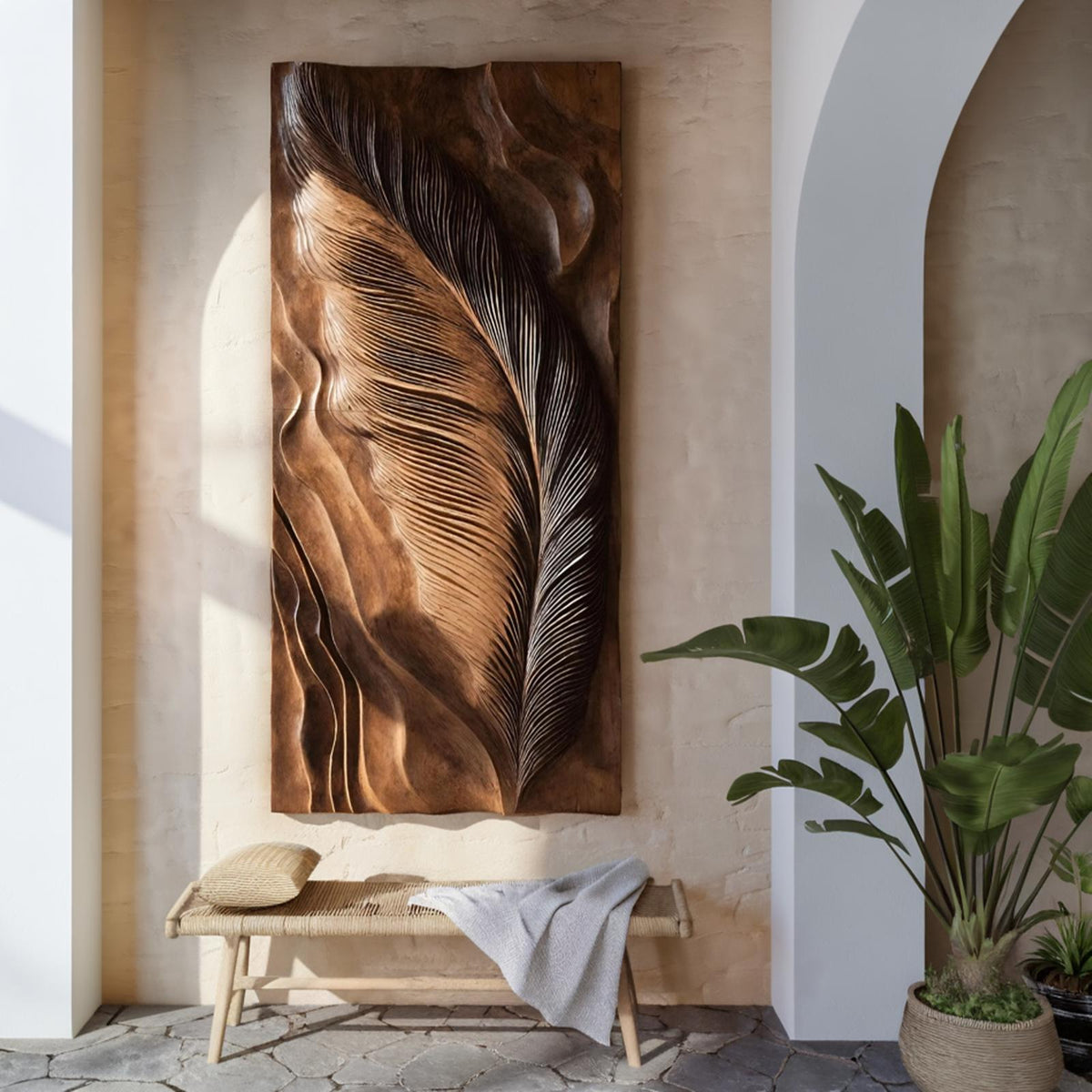 Hand-Carved Feather Wood Wall Art, 3D Natural Wooden Feather Sculpture Panel for Modern Living Room