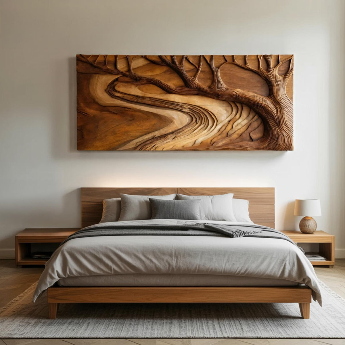 Modern Sculptural Wood Wall Art, Nature Inspired Tree Branch Carved Panel for Living Room & Office Decor