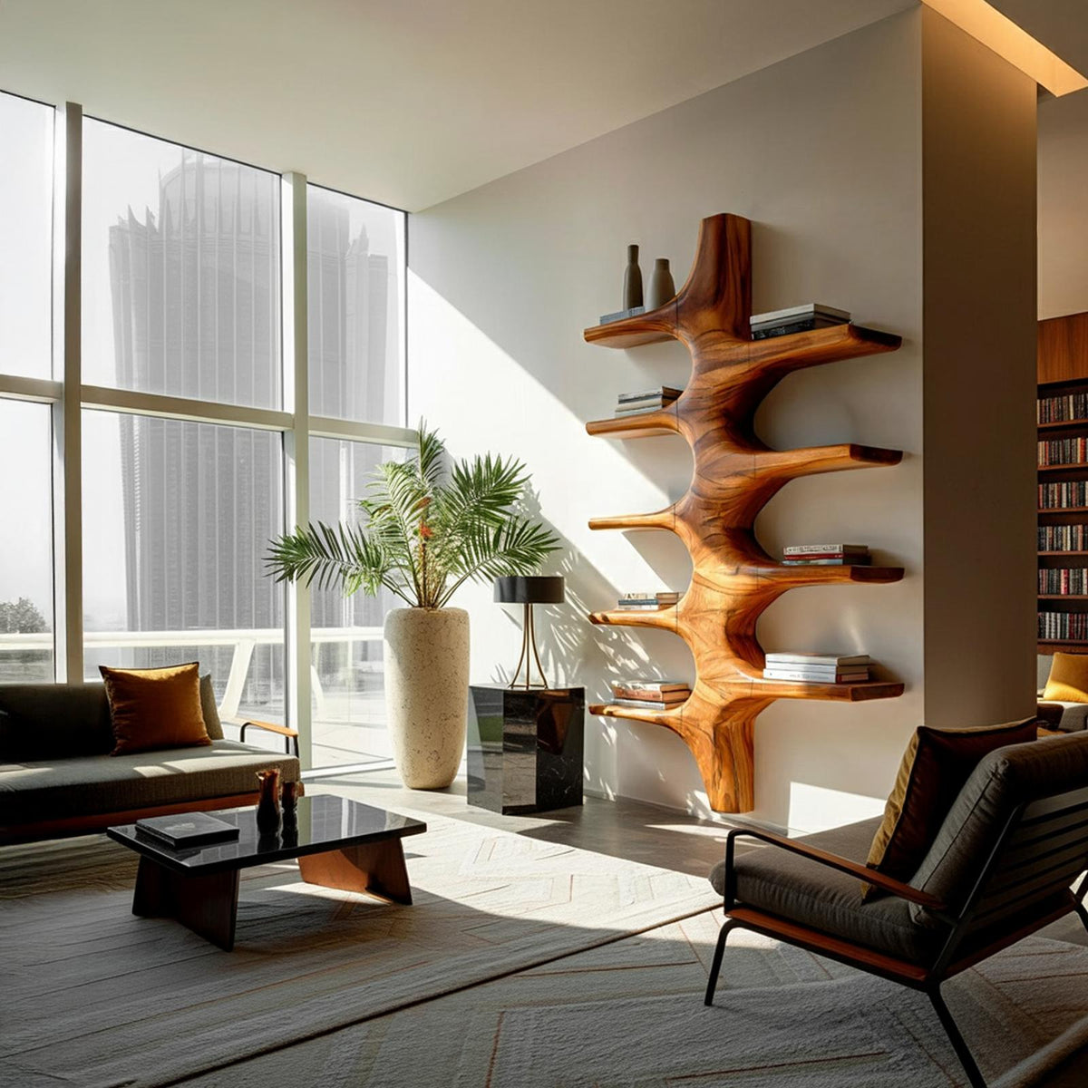 Sculptural Wood Wall Mounted Bookshelf, Handcrafted Floating Bookshelf for Modern Living Room & Bedroom Decor