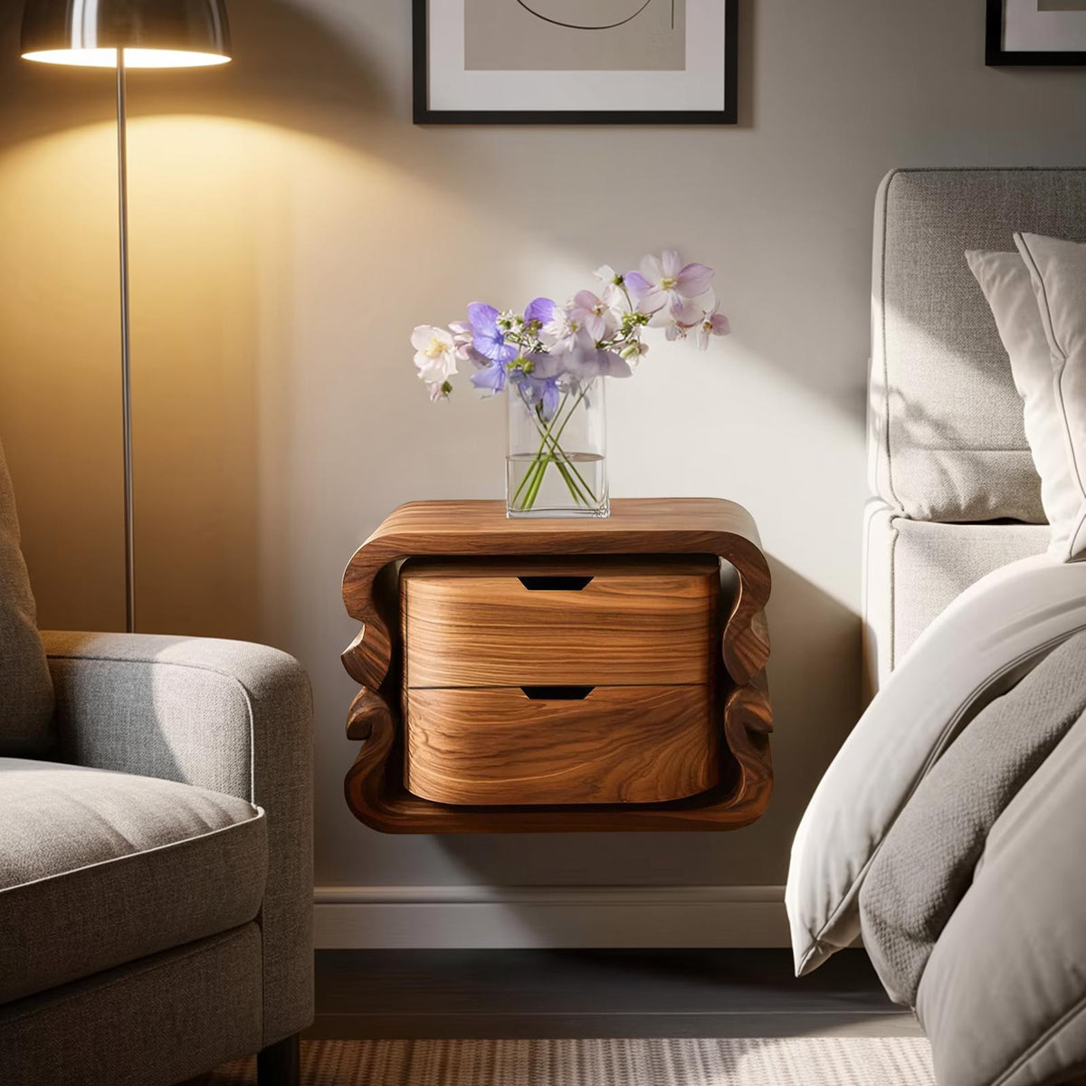 Spry Interior Sculptural Floating Nightstand, Modern Wall Mounted Wooden Bedside Table with Open Shelf, Model RTTHHNNS009