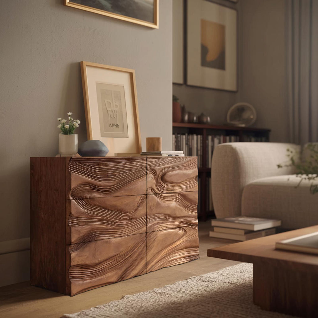 Minimalist Wooden Sideboard with Sculpted Wave Front, Handcrafted Solid Wood Credenza for Living Room Decor, Model