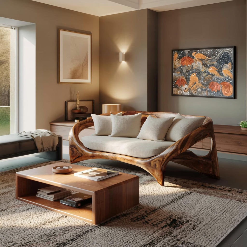 Organic Sculptural Sofa, Contemporary Solid Wood Settee, Modern Designer Couch for Living Room Lounge Space