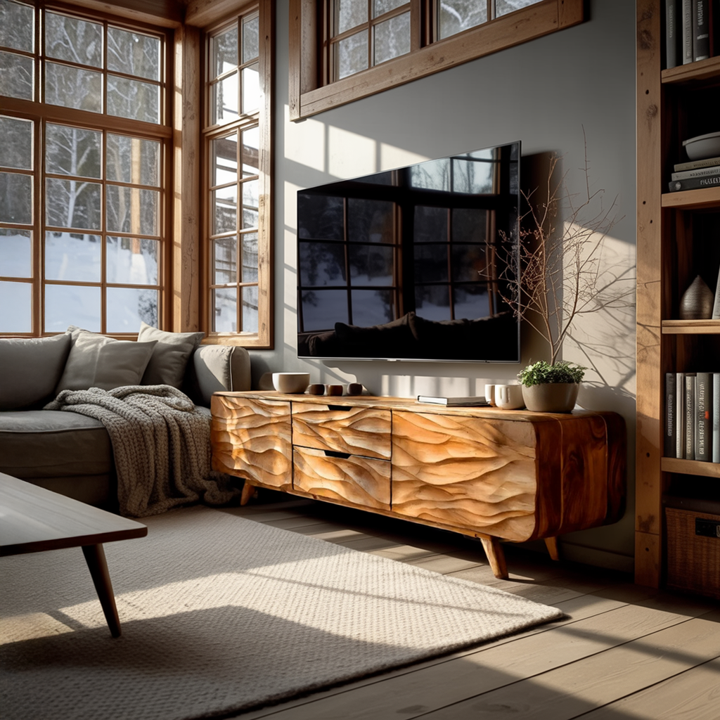 Handcrafted Wooden TV Stand with Stylish Storage Cabinets, Modern Artisan Media Console for Living Room