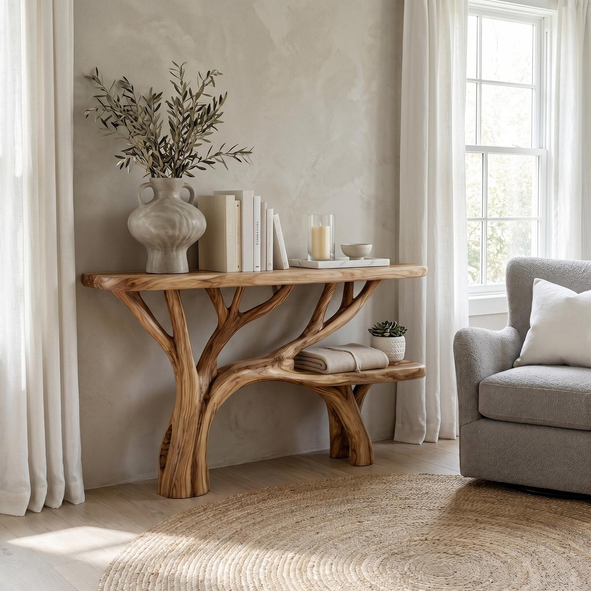 Rustic Tree Design Solid Wood Console Table, Living Room & Entryway Wooden Accent Sofa Table, Model