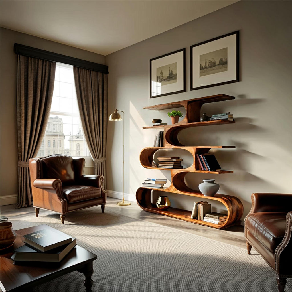 Artistic Curved Bookcase, Handcrafted Wood Bookshelf with Sculptural Design for Modern Living Room Decor